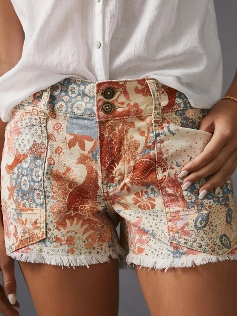 Anthropologie Patchwork Floral Frayed-Hem Shorts - Rust, Blue, Cream